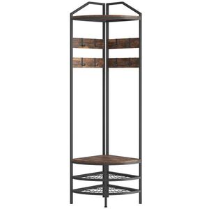 Imagine HOMCOM Mobilier de intrare de colț, vestiar cu 4 niveluri, depozitare pentru încălțăminte, 8 cârlige mobile, 2 rafturi, maro rustic | Aosom Romania