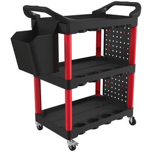 Imagine HOMCOM Cărucior pentru scule de 3 niveluri cu panouri perforate mâner lateral cârlige găleată Negru și Roșu | Aosom Romania