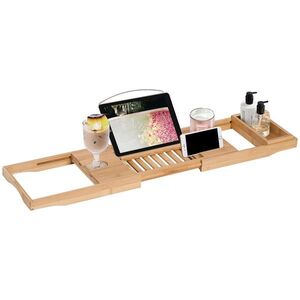 Imagine HomCom Mensola per Vasca da Bagno Ripiano Vassoio da Bagno in Bambù Naturale Lunghezza Estendibile 23.5x4x75-109cm
