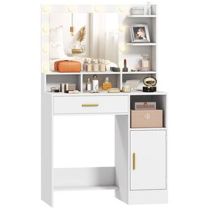 Imagine HOMCOM Coafură cu oglindă și 10 lumini LED, luminozitate reglabilă, sertar, dulap și rafturi deschise, 80x40x135cm, alb | Aosom Romania