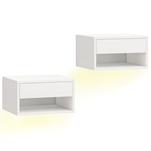 Imagine HOMCOM Set 2 Noptiere Suspendate cu LED RGB Integrat și Reglabil prin Aplicație, Sertar și Raft, 37x32x21 cm, Alb | Aosom Romania