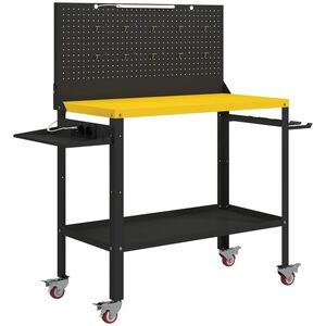Imagine HOMCOM Banc de lucru cu panou perforat Masă de lucru cu prize Lumină LED Roți Cadru metalic Negru și Galben | Aosom Romania
