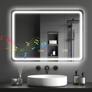 Imagine HOMCOM Oglindă de Baie cu LED 70x50 cm cu Bluetooth 3 Culori de Lumină Ceas Digital Funcție Antighear Funcție de Memorie | Aosom Romania
