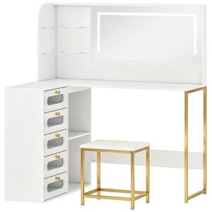 Imagine HOMCOM Masă de machiaj cu oglindă, lumini LED, taburet, 5 sertare, 2 compartimente și 2 rafturi din sticlă, alb | Aosom Romania