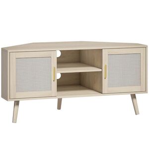 Imagine HOMCOM Comodă TV de colț 115 cm, mobilier pentru televizoare până la 165, 1 cm, 2 uși din ratan 2 compartimente, stejar | Aosom Romania