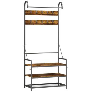Imagine HOMCOM Suport de Haine de Intrare cu Bară, 10 Cârlige Mobile, Bancă și Raft pentru Încălțăminte, Mobilier în Pal și Metal, Design Industrial, 80x40x182 cm, Maro și Negru | Aosom Romania