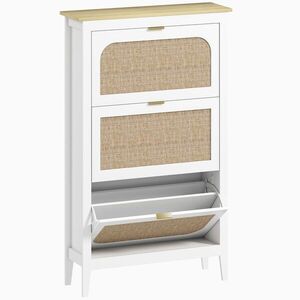 Imagine HOMCOM Dulap pentru încălțăminte 21 perechi boem cu 3 sertare rabatabile, uși cu efect cannage ratan, 80 x 24 x 131 cm, alb | Aosom Romania