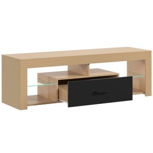 Imagine HOMCOM Comodă TV 140 cm, mobilier pentru televizor până la 165, 1 cm cu rafturi din sticlă reglabile, sertar și compartimente deschise, stejar | Aosom Romania