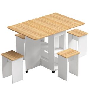 Imagine HOMCOM Set masă de dining pliantă cu 4 taburete ascunse, 2 extensii rabatabile, roți, rafturi, stejar | Aosom Romania