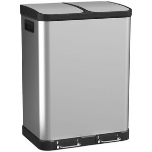 Imagine HOMCOM Coș de gunoi pentru bucătărie cu dublu compartiment 2 x 30L cu pedală din oțel inoxidabil, capac cu închidere silențioasă, argintiu | Aosom Romania