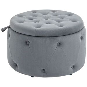 Imagine HOMCOM Puf, rotund, cu spațiu de depozitare, model matlasat cu butoane, catifea, gri, 60 x 60 x 40 cm | Aosom Romania