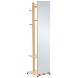 Imagine HOMCOM Oglindă de podea cu roți - Suport, 4 cârlige, raft MDF aspect lemn deschis | Aosom Romania