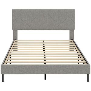 Imagine HOMCOM Cadru de pat 140 x 190 cm cu somier şi tăblie reglabilă, pat dublu tapiţat în in, depozitare dedesubt, gri | Aosom Romania