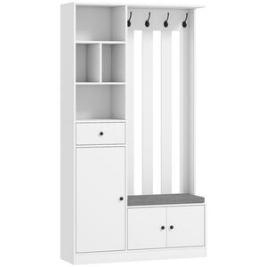 Imagine HOMCOM Cuier 180 cm cu Bancă pentru Pantofi, Soluție 4-în-1 cu Raft Reglabil, 4 Agățători și Compartimente Deschise, pentru Hol sau Living, Alb | Aosom Romania