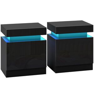 Imagine HOMCOM Set 2 Noptiere cu LED și 4 Moduri, 2 Sertare, Lemn, 45x35x52 cm, Negru Lucios | Aosom Romania