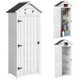 Imagine Outsunny Dulap pentru grădină exterior din lemn, Adăpost pentru unelte, 3 rafturi, 2 uși cu cleme, 77x54x179cm, Gri deschis | Aosom Romania