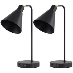 Imagine HOMCOM Set de 2 Lămpi de Masă Moderne din Oțel cu Porturi USB, E27, Becurile Nu Sunt Incluse, Negru | Aosom Romania