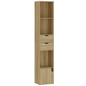 Imagine HOMCOM Bibliotecă Îngustă cu 6 Rafturi, Sertare, Ușă și Polițe Deschise, 30x24x158 cm, Stejar | Aosom Romania