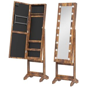 Imagine HOMCOM Dulap pentru Bijuterii cu Oglindă Reglabilă și Lumini LED 36x30x136 cm Maro Rustic | Aosom Romania