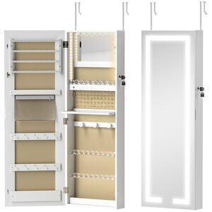 Imagine HOMCOM Dulap pentru bijuterii de perete sau pentru ușă, cu oglindă interioară și LED, cu încuietoare și cheie, buzunar cu fermoar, alb | Aosom Romania