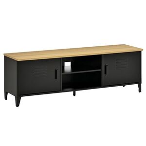 Imagine HOMCOM Mobilier TV Banc TV pentru televizoare de 55'' cu 2 Dulapuri Picioare Reglabile Cadru metalic negru Tablou din lemn natural 150 x 40 x 50 cm | Aosom Romania