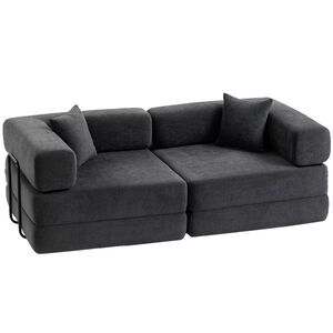 Imagine HOMCOM Canapea extensibilă 2 locuri pliabilă din chenille, cu 2 perne, brațe late, fără montaj, gri închis | Aosom Romania