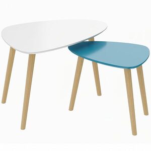 Imagine HOMCOM Set de 2 măsuțe nestingășești cu design scandinav picioare din lemn și blat din lemn, alb și albastru | Aosom Romania
