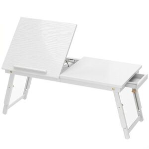 Imagine HOMCOM Masă de pat pliabilă și reglabilă, blat pentru laptop din bambus cu înclinare 83, 5x33x34cm alb | Aosom Romania