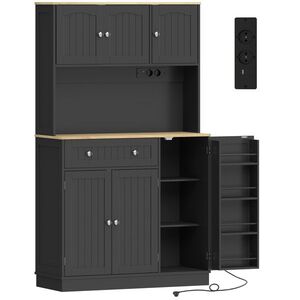 Imagine HOMCOM Bufet înalt bucătărie, dulap de bucătărie, stație de încărcare, 6 uși, blat de lucru, suport pentru condimente, 100x40x173cm, negru | Aosom Romania