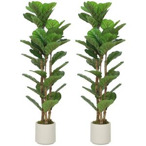 Imagine HOMCOM Set de 2 plante artificiale 120 cm Ficus lyrata cu ghiveci din plastic și trunchi din lemn masiv, verde | Aosom Romania