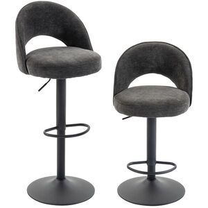Imagine HOMCOM Set de 2 taburete de bar, scaune de bar reglabile pe înălțime, șezut căptușit din chenille, rotative 360°, Gri | Aosom Romania