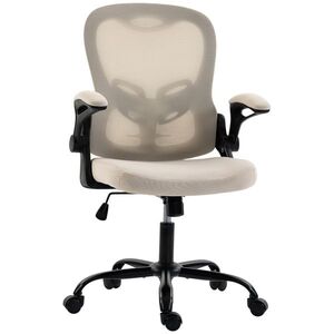 Imagine HOMCOM Scaun de birou ergonomic, fotoliu de birou din plasă, cotiere rabatabile, înălțime reglabilă, funcție balans, bej | Aosom Romania