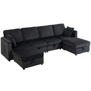 Imagine HOMCOM Canapea colț 4 locuri formă U cu ottoman cu depozitare, colțar 306 cm cu aspect cord, 4 perne, pentru living | Aosom Romania