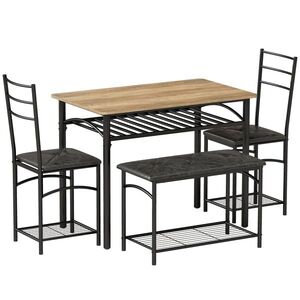 Imagine HOMCOM Set de dining 4 piese, masă de bucătărie în stil industrial cu 2 scaune și bancă pentru 4 persoane, scaune tapițate cu piele PU, maro | Aosom Romania