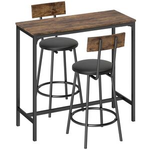 Imagine HOMCOM Set Masă de Bar cu 2 Scaune Înalte, Spătar, Suport pentru Picioare, MDF, Metal, 100x40x90, 5 cm, Maro Rustic | Aosom Romania