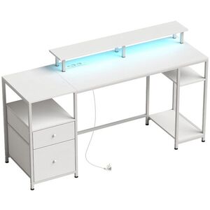 Imagine HOMCOM Masă de birou cu lumini LED, sertare, prize, porturi USB și suport pentru monitor 155, 5x48x88, 5 cm Alb | Aosom Romania
