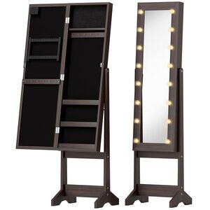 Imagine HOMCOM Dulap pentru bijuterii, dulap de depozitare pe picior, cutie pentru bijuterii cu oglindă, multiple spații de depozitare, iluminare LED, maro închis | Aosom Romania