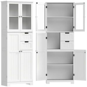 Imagine HOMCOM Corp înalt de depozitare, dulap cu uși vitrate și rafturi reglabile pentru baie, bucătărie, living, alb | Aosom Romania