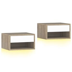 Imagine HOMCOM Set 2 Noptiere Suspendate cu LED RGB Integrat și Reglabil prin Aplicație, 37x32x21 cm, Alb Imitație Lemn | Aosom Romania