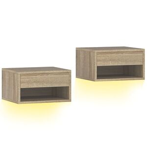 Imagine HOMCOM Set 2 Noptiere Suspendate cu LED Integrat și Reglabil prin Aplicație, Sertar și Raft, 37x32x21 cm, Nuanță de Lemn | Aosom Romania