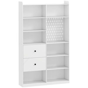 Imagine HOMCOM Bibliotecă Dublă cu 6 Niveluri, Sertare și Panou Perforat, Alb | Aosom Romania