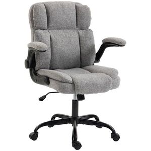 Imagine HOMCOM Scaun de Birou Rotativ cu Cotiere Rabatabile, Înălțime Reglabilă, Țesătură cu Aspect de In, Gri | Aosom Romania