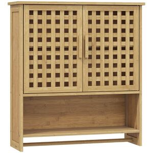 Imagine HOMCOM Dulap de perete pentru baie din bambus cu 2 uși ventilate, compartiment deschis și poliță reglabilă, lemn natural | Aosom Romania