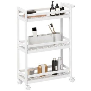 Imagine HOMCOM Cărucior de servire, 3 etaje, rafturi cu lamele, protecție anti-cădere, bambus, 55 x 20 x 75 cm | Aosom Romania