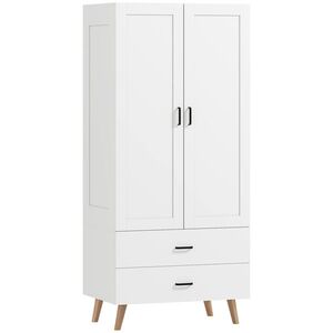 Imagine HOMCOM Dulap pentru dormitor, dressing 2 uși cu închidere silențioasă, 2 sertare și bară de suspendare, 80x54x180cm, alb | Aosom Romania