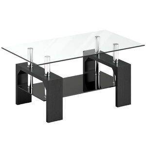 Imagine HOMCOM Măsuță de Cafea Modernă cu 2 Nivele din Lemn și Oțel cu Blat din Sticlă Temperată, 90x50x42 cm, Negru | Aosom Romania
