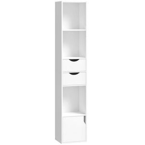 Imagine HOMCOM Bibliotecă cu 2 sertare, dulap îngust cu 3 nivele de polițe deschise, pentru birou, dormitor 30x24x158cm Alb | Aosom Romania