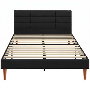 Imagine HOMCOM Cadru de pat 140 x 200 cm cu somier din lemn, pat dublu tapițat cu efect de in, depozitare dedesubt, fără zgomot, Negru | Aosom Romania