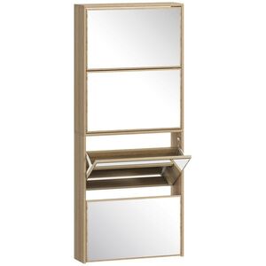Imagine HOMCOM Dulap pentru Încălțăminte Slim cu 4 Uși și Oglindă 63x17x146 cm Culoare Lemn | Aosom Romania