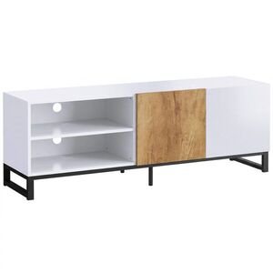 Imagine HOMCOM Comodă TV cu Rafturi Reglabile și Ușă Soft-Close, PAL și Oțel, 140x36, 5x50 cm, Alb și Stejar | Aosom Romania